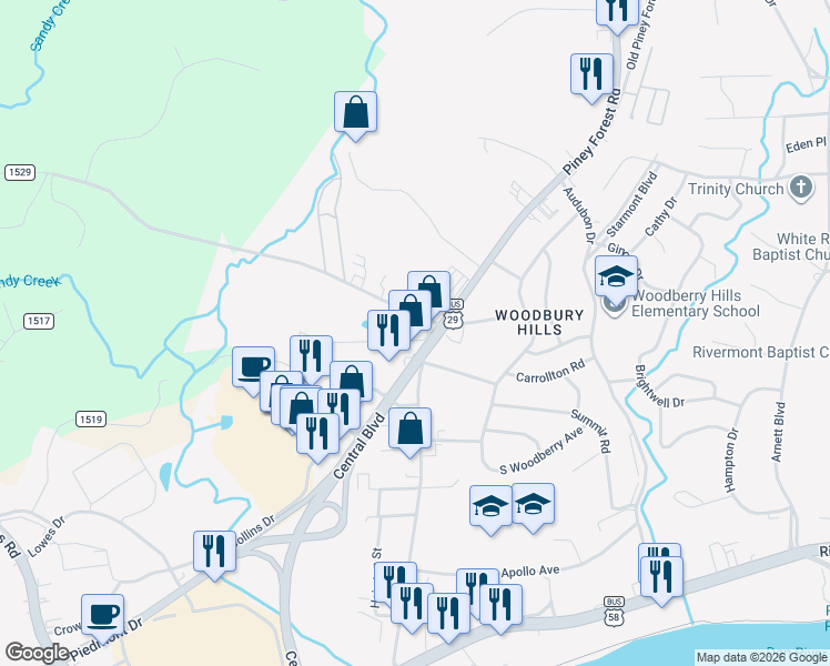 map of restaurants, bars, coffee shops, grocery stores, and more near 224 County Road 1529 in Danville