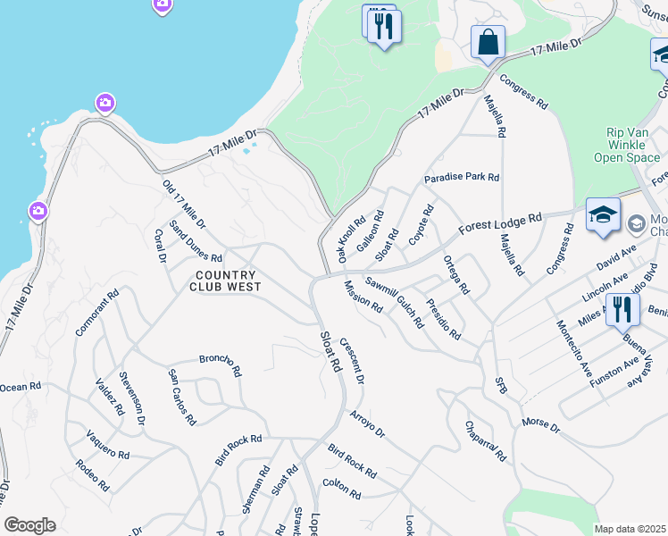 map of restaurants, bars, coffee shops, grocery stores, and more near 2917 17 Mile Drive in Del Monte Forest