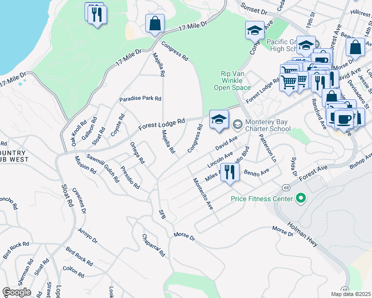 map of restaurants, bars, coffee shops, grocery stores, and more near 2830 Congress Road in Del Monte Forest