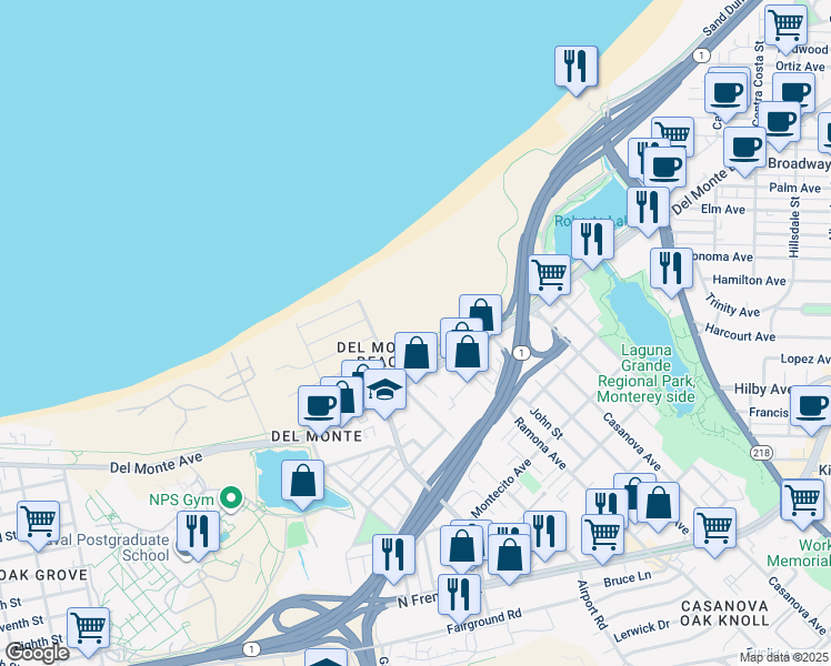 map of restaurants, bars, coffee shops, grocery stores, and more near 151 Surf Way in Monterey