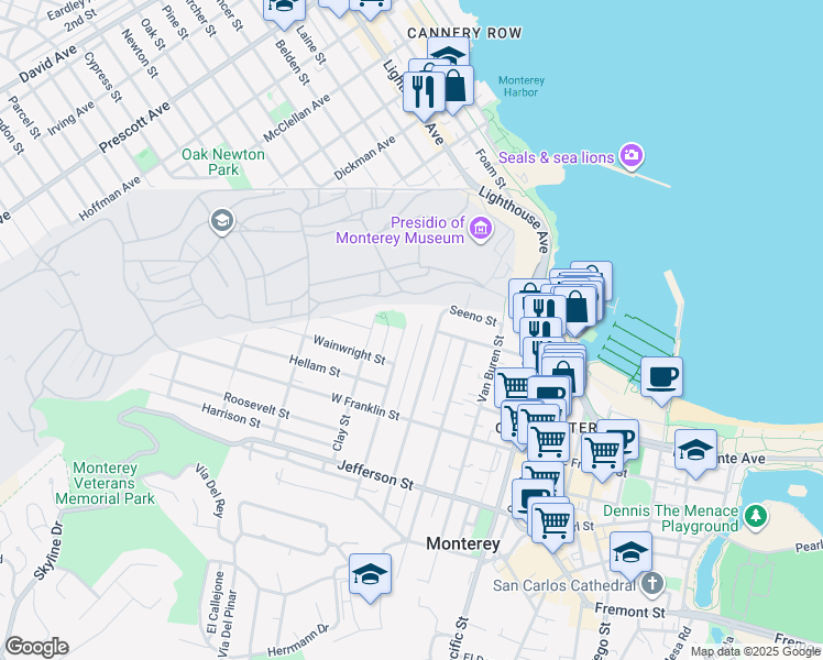 map of restaurants, bars, coffee shops, grocery stores, and more near 221 Anita Street in Monterey