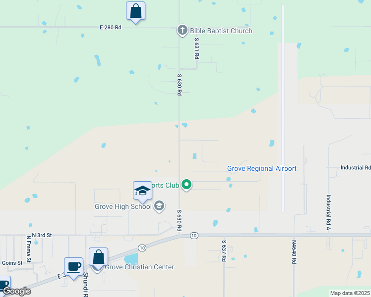 map of restaurants, bars, coffee shops, grocery stores, and more near 28735 South 630 Road in Grove