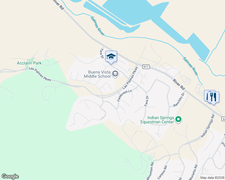 map of restaurants, bars, coffee shops, grocery stores, and more near 19215 Sunridge Place in Salinas