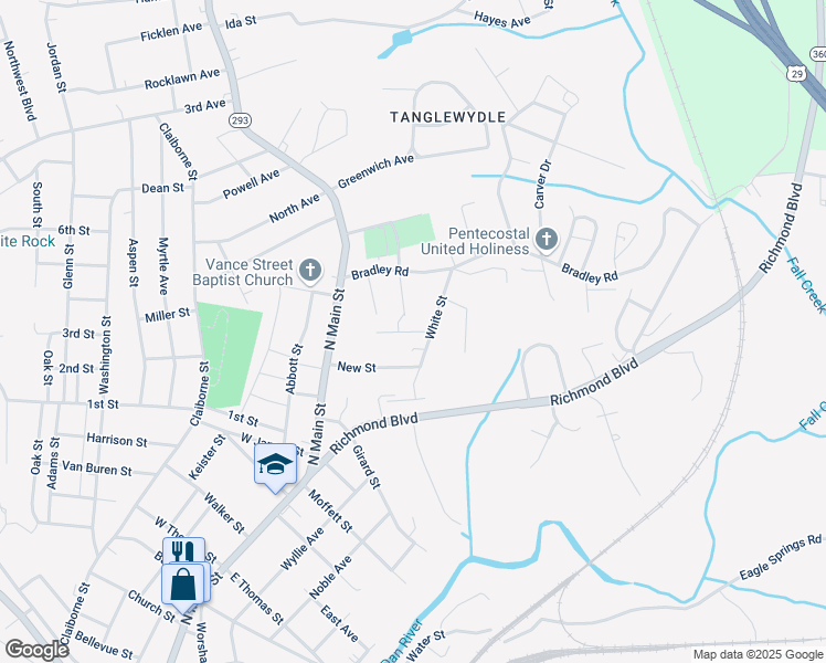 map of restaurants, bars, coffee shops, grocery stores, and more near 352 Swanson Street in Danville