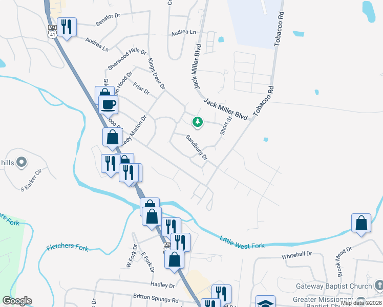 map of restaurants, bars, coffee shops, grocery stores, and more near 235 Short Street in Clarksville