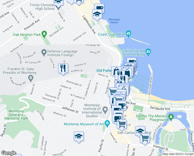 map of restaurants, bars, coffee shops, grocery stores, and more near 680 Scott Street in Monterey