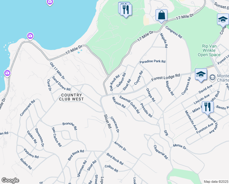 map of restaurants, bars, coffee shops, grocery stores, and more near 2908 Forest Lodge Road in Del Monte Forest