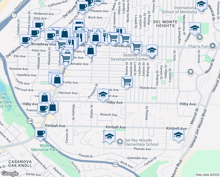 map of restaurants, bars, coffee shops, grocery stores, and more near 1194 Trinity Avenue in Seaside