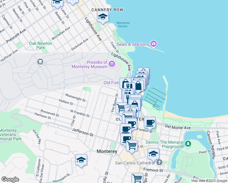 map of restaurants, bars, coffee shops, grocery stores, and more near 134 Seeno Street in Monterey