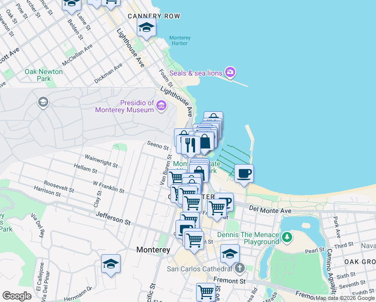 map of restaurants, bars, coffee shops, grocery stores, and more near 100 Lighthouse Ave in Monterey