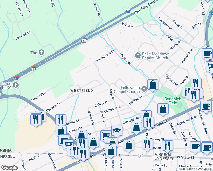 map of restaurants, bars, coffee shops, grocery stores, and more near 817-835 Page Street in Bristol
