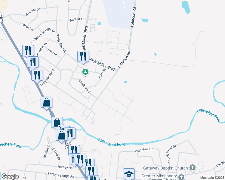map of restaurants, bars, coffee shops, grocery stores, and more near 418 Tobacco Road in Clarksville
