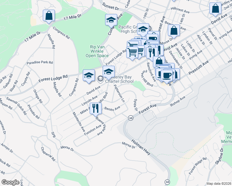 map of restaurants, bars, coffee shops, grocery stores, and more near 1113 Piedmont Avenue in Pacific Grove
