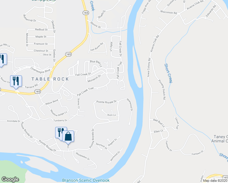 map of restaurants, bars, coffee shops, grocery stores, and more near 24 Fall Creek TRL 123 5 TRL in Branson