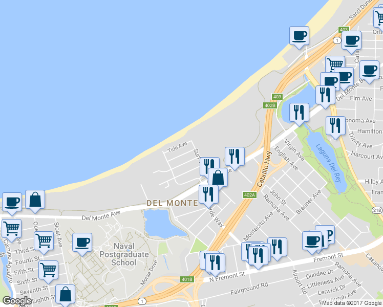 map of restaurants, bars, coffee shops, grocery stores, and more near 146 Seafoam Avenue in Monterey