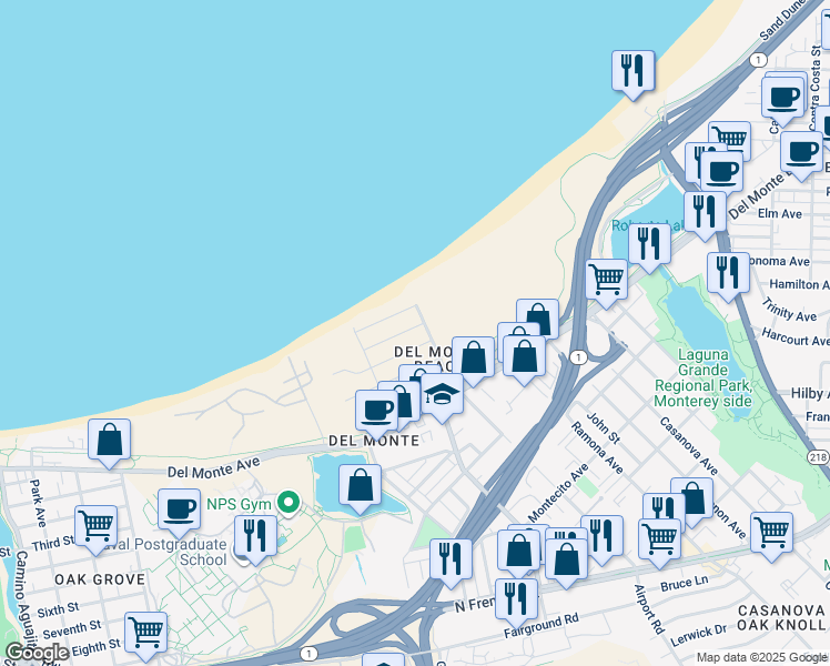 map of restaurants, bars, coffee shops, grocery stores, and more near 146 Seafoam Avenue in Monterey