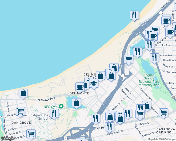 map of restaurants, bars, coffee shops, grocery stores, and more near 146 Seafoam Avenue in Monterey