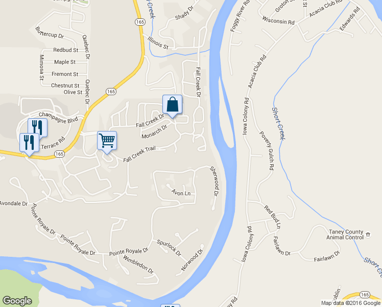 map of restaurants, bars, coffee shops, grocery stores, and more near 24 Fall Creek Drive in Branson