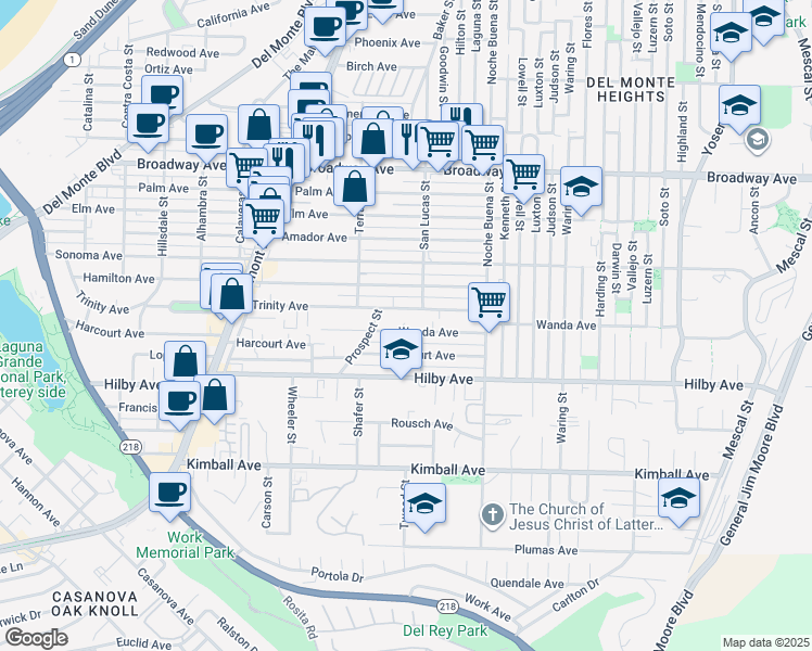 map of restaurants, bars, coffee shops, grocery stores, and more near 1194 Trinity Avenue in Seaside