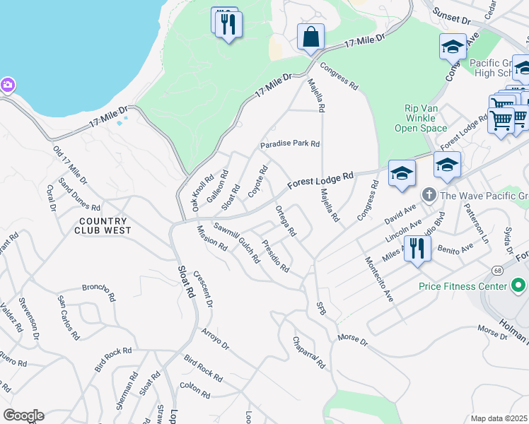 map of restaurants, bars, coffee shops, grocery stores, and more near 2869 Forest Lodge Road in Del Monte Forest