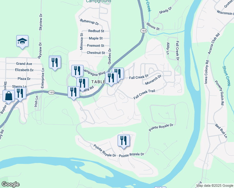 map of restaurants, bars, coffee shops, grocery stores, and more near 100 Fall Creek Drive in Branson