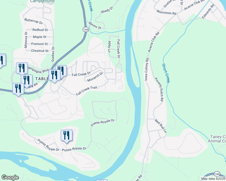 map of restaurants, bars, coffee shops, grocery stores, and more near 26 Fall Creek Trail in Branson