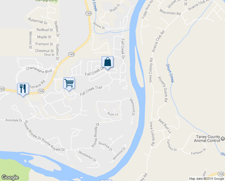 map of restaurants, bars, coffee shops, grocery stores, and more near 23 Fall Creek TRL 122 12 Trail in Branson