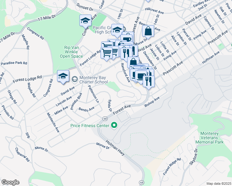 map of restaurants, bars, coffee shops, grocery stores, and more near 3 Glen Lake Drive in Pacific Grove