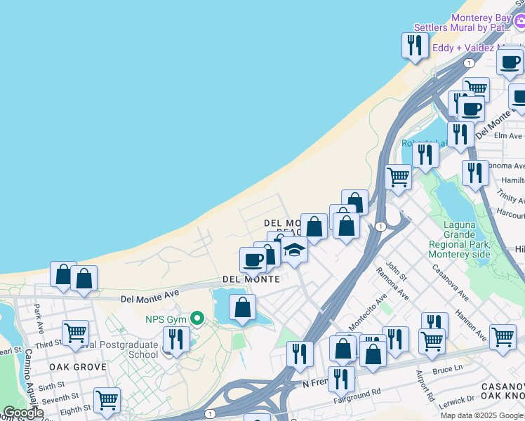 map of restaurants, bars, coffee shops, grocery stores, and more near 125 Seafoam Avenue in Monterey