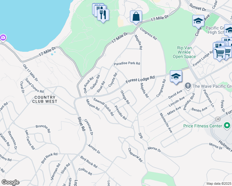 map of restaurants, bars, coffee shops, grocery stores, and more near 2869 Forest Lodge Road in Del Monte Forest