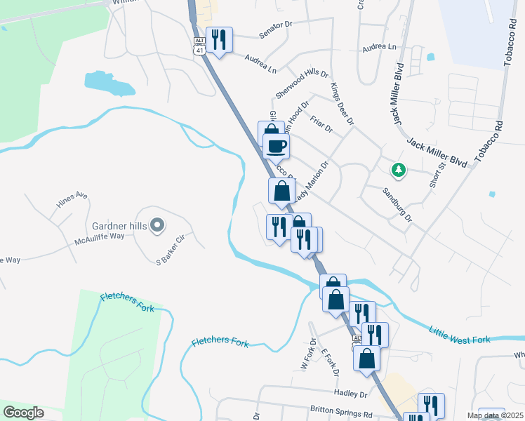 map of restaurants, bars, coffee shops, grocery stores, and more near 2188 Fort Campbell Blvd in Clarksville