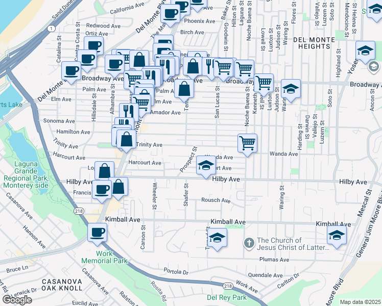 map of restaurants, bars, coffee shops, grocery stores, and more near 1298 Prospect Street in Seaside