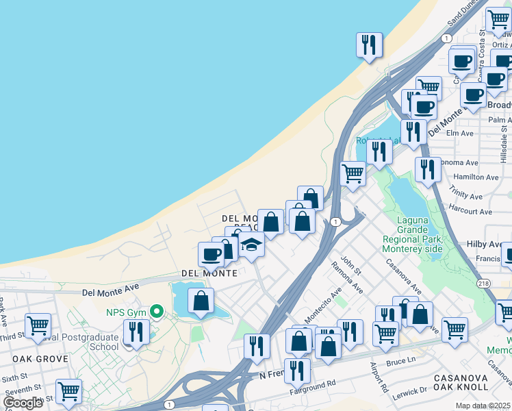 map of restaurants, bars, coffee shops, grocery stores, and more near 151 Surf Way in Monterey