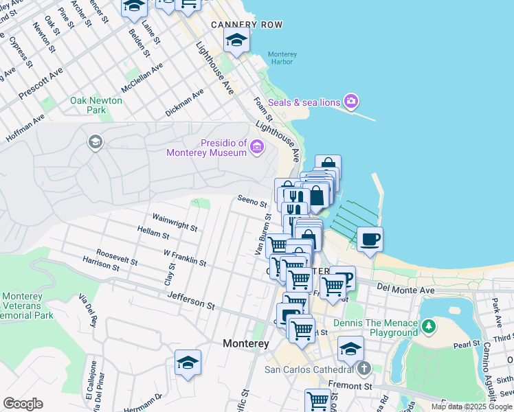 map of restaurants, bars, coffee shops, grocery stores, and more near 134 Seeno Street in Monterey