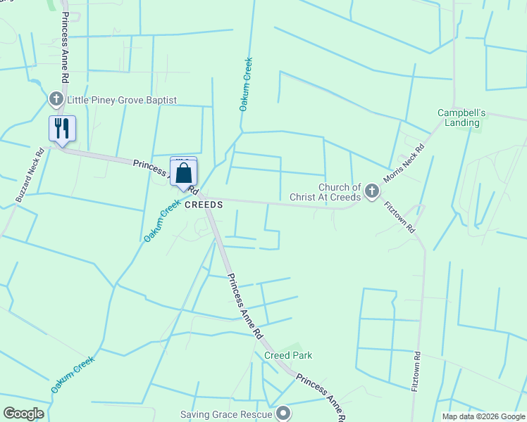 map of restaurants, bars, coffee shops, grocery stores, and more near 5642 Morris Neck Road in Virginia Beach