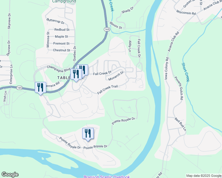 map of restaurants, bars, coffee shops, grocery stores, and more near 25 Fall Creek Trail in Branson