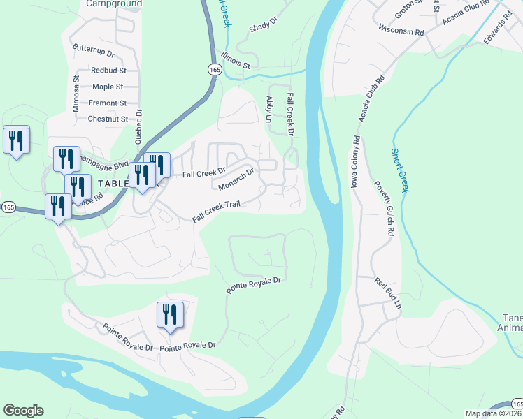 map of restaurants, bars, coffee shops, grocery stores, and more near 26 Fall Creek Trail in Branson