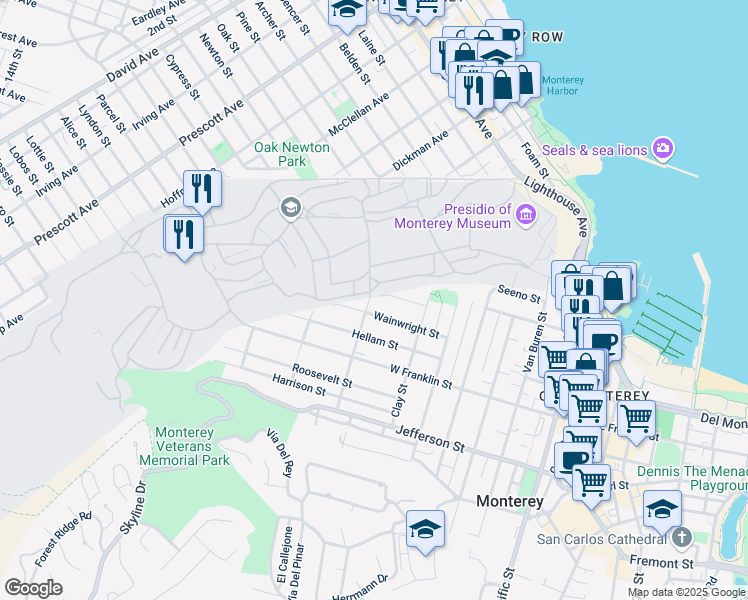 map of restaurants, bars, coffee shops, grocery stores, and more near 283 High Street in Monterey