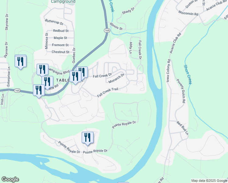 map of restaurants, bars, coffee shops, grocery stores, and more near 25 Fall Creek Trail in Branson