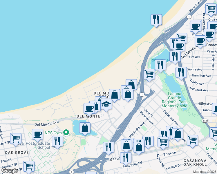 map of restaurants, bars, coffee shops, grocery stores, and more near 151 Surf Way in Monterey