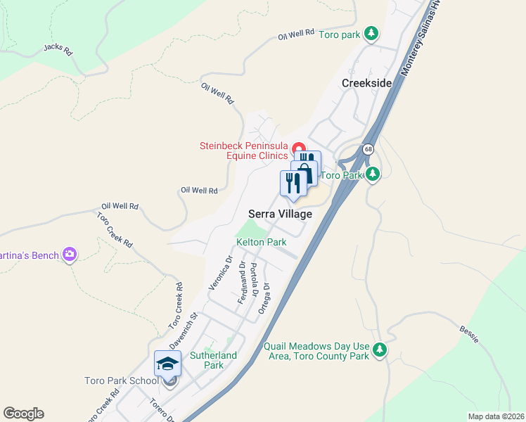 map of restaurants, bars, coffee shops, grocery stores, and more near 22698 Picador Drive in Salinas