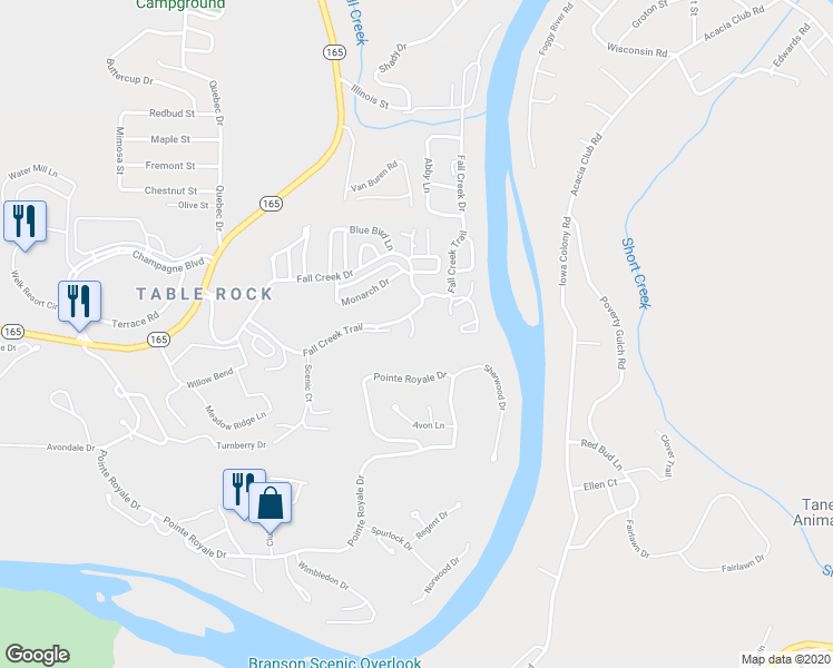 map of restaurants, bars, coffee shops, grocery stores, and more near 21 Fall Creek TRL 106 7 TRL in Branson