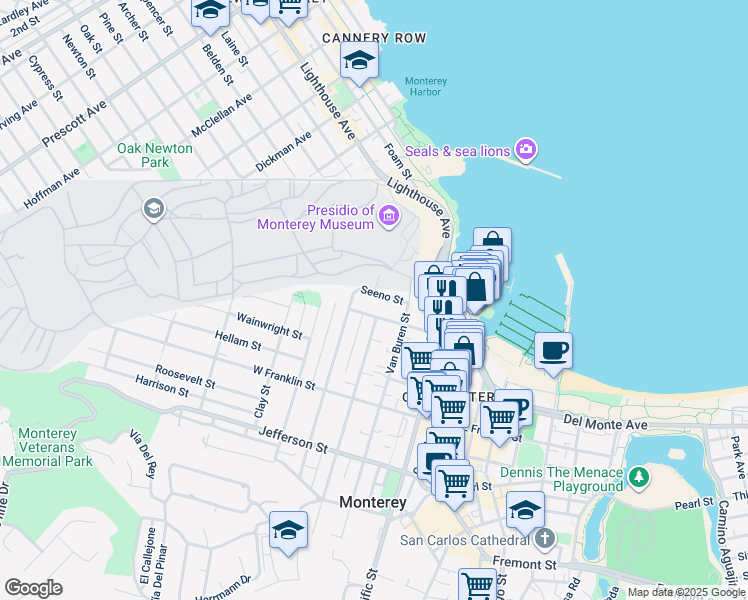 map of restaurants, bars, coffee shops, grocery stores, and more near 149 Seeno Street in Monterey