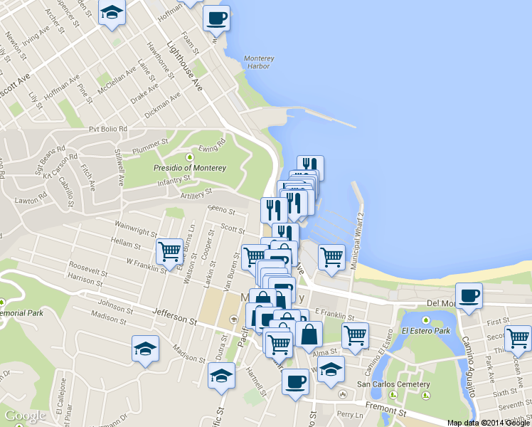 map of restaurants, bars, coffee shops, grocery stores, and more near Decatur Street in Monterey