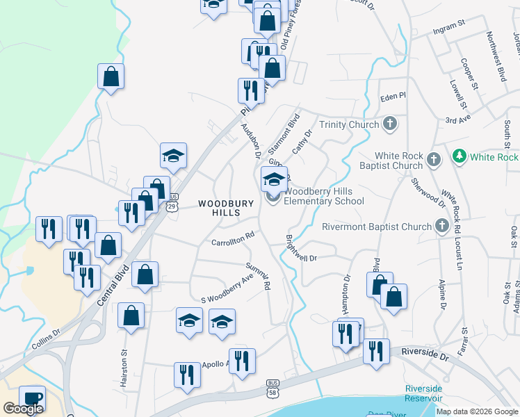 map of restaurants, bars, coffee shops, grocery stores, and more near 614 Audubon Drive in Danville