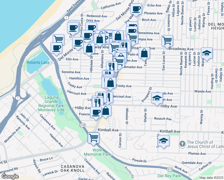 map of restaurants, bars, coffee shops, grocery stores, and more near 1291 Fremont Boulevard in Seaside