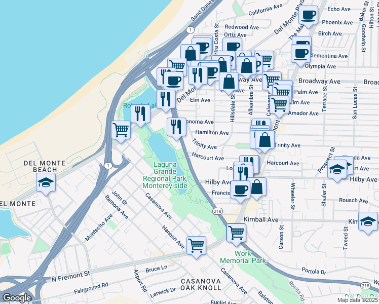 map of restaurants, bars, coffee shops, grocery stores, and more near 465 Harcourt Avenue in Seaside