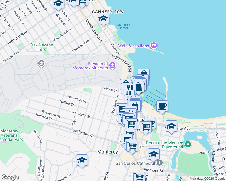 map of restaurants, bars, coffee shops, grocery stores, and more near 134 Seeno Street in Monterey