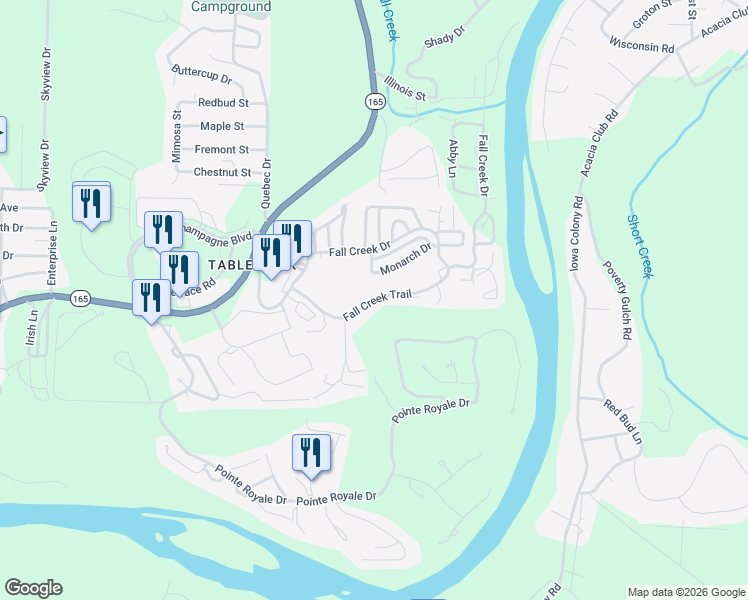 map of restaurants, bars, coffee shops, grocery stores, and more near 25 Fall Creek Trail in Branson