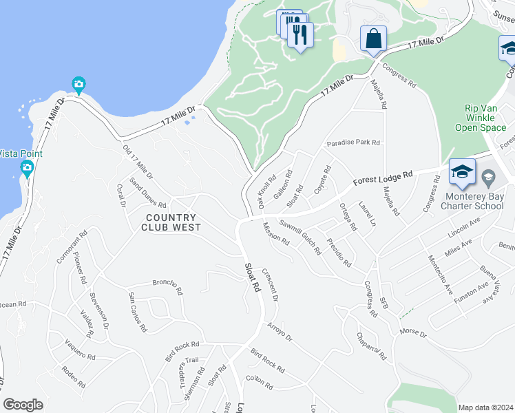 map of restaurants, bars, coffee shops, grocery stores, and more near 2908 Oak Knoll Road in Del Monte Forest